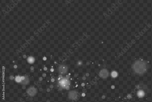 Soft white particles float over a transparent background, forming elegant bokeh and subtle sparkling highlights for dreamy visuals.