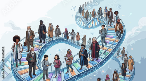 Diverse crowd on spiral pedestrian staircase.