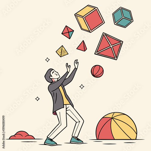 Fotografia Man juggling geometric shapes and a ball with juggling geometric activity abstra