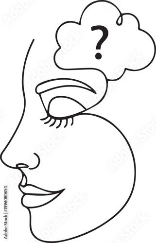 Confused woman face, thinking, question mark, line art, minimalistic illustration, vector graphics