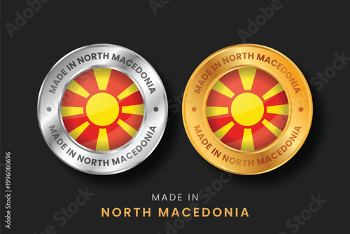 High-quality circular gold and silver seals featuring the North Macedonia flag. Elegant emblems for products of Macedonian origin, export quality, and manufacturing certification
