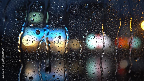 Rain Drops on Window Glass with City Bokeh Lights at Night