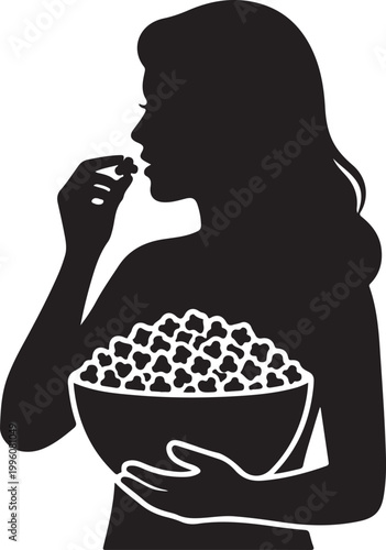 Silhouette of a woman eating popcorn from a large bowl, enjoying a snack, vector illustration