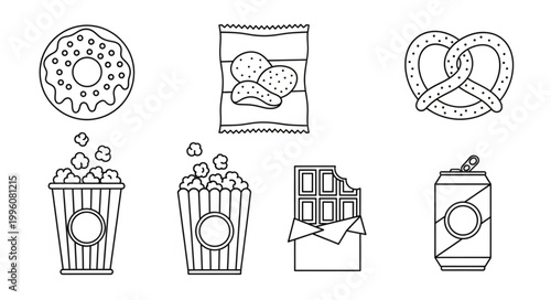 Variety of junk food and snacks.