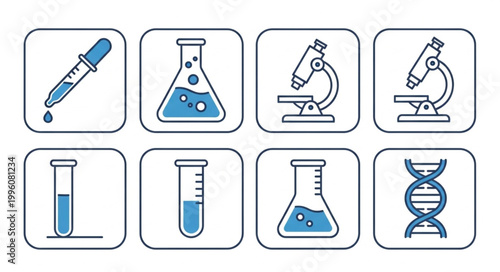 Laboratory equipment science icons set.