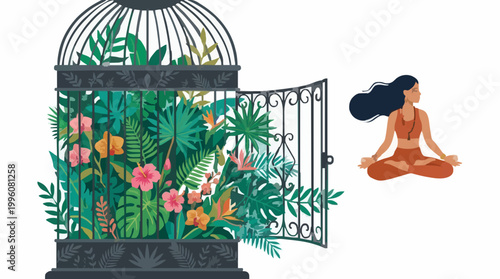 Meditating Woman Beside Open Ornate Cage with Plants.