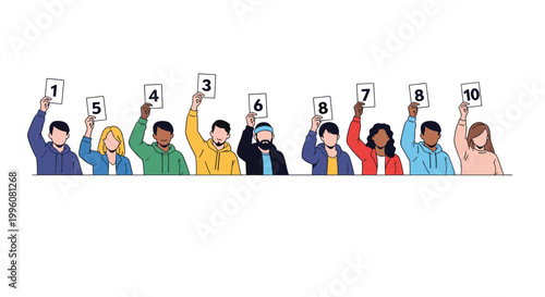 Diverse group of people standing together in a row and holding up signs with different numerical scores from one to ten for an evaluation.