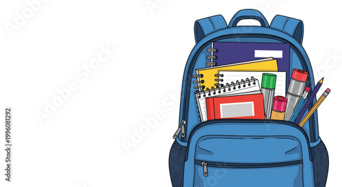 Blue school backpack shown open and packed with various essential supplies including notebooks, pencils, glue sticks, and markers for a new term.