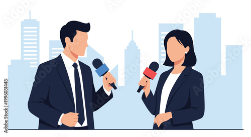 Male and female news reporters holding microphones and standing in front of a stylized blue city skyline ready to broadcast a news report.