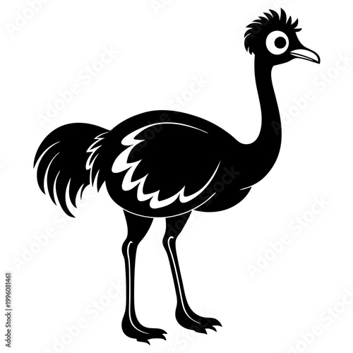 A black and white illustration of an ostrich standing alone on a plain background with a curious expression