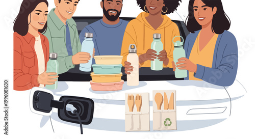 Friends having picnic in a car, enjoying food and drinks together