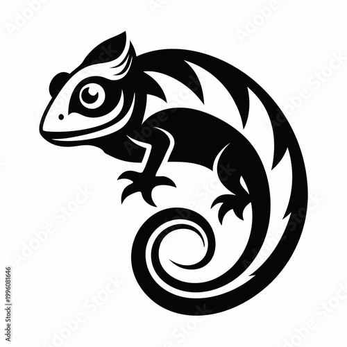 A black and white illustration of a lizard with a curled tail and spiky back, set against a plain background with a bold and modern style.