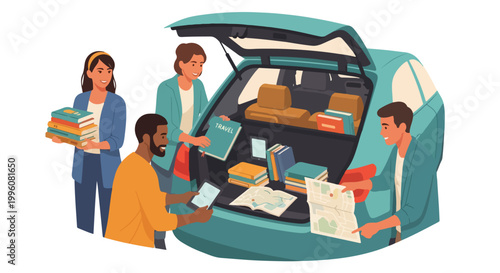 family packing car for road trip vacation travel