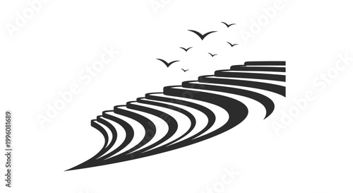 Abstract staircase with birds flying upwards symbolizing freedom and progress.