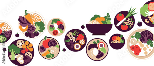 Healthy Food Bowl Vector Set with Balanced Diet Meals Vegetables Grains Protein and Clean Eating Dishes for Nutrition and Wellness Design