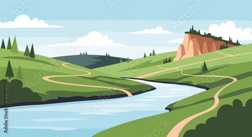 Picturesque pixel art nature scene featuring a winding river flowing through lush green hills under a cloudy blue sky.