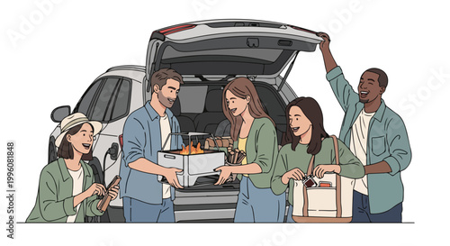 Friends loading food and drinks from car trunk for outdoor picnic