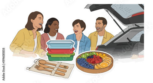 Friends having a picnic in a car trunk with food