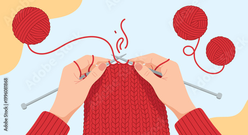 Hands meticulously knitting with vibrant red wool using needles on a light blue background with decorative yarn balls.