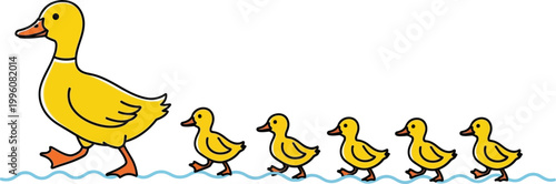 Mother duck and ducklings walking in a line