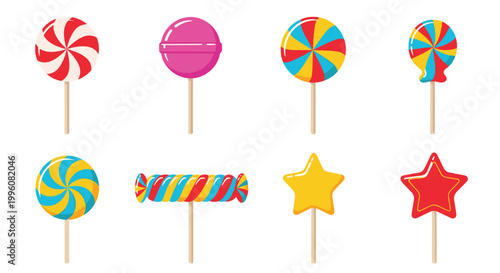 Collection of assorted colorful lollipops in various shapes like stars and circles with stripes and swirls on a white background.