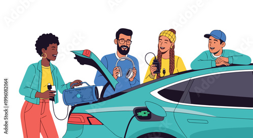 Diverse group of friends charging electric car together outdoors