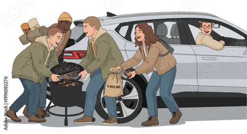 family outdoor picnic barbecue near car
