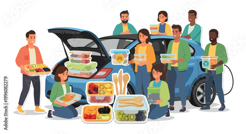people packing and unpacking food from car trunk for outdoor picnic