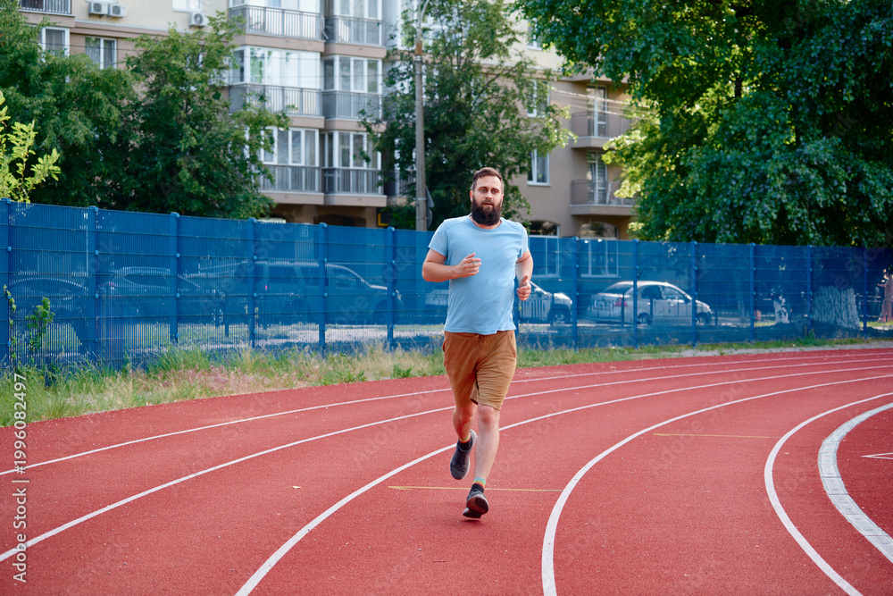 Fototapeta premium A man jogs on a red athletic track with an urban backdrop on a sunny day. Fitness and active lifestyle in a city setting, emphasizing health and exercise in everyday routines.