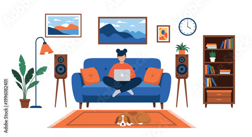 Young woman working comfortably on her laptop while sitting on a blue sofa in a stylish living room with her dog sleeping on the rug.