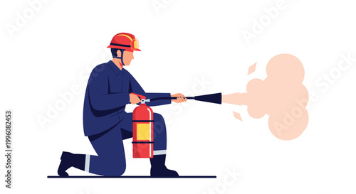 Determined fireman in a dark blue uniform and red helmet kneeling down while operating a red fire extinguisher to put out flames.