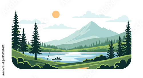 Serene nature landscape featuring a clear blue lake with a small boat, surrounded by evergreen forests and a majestic mountain peak.