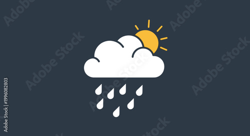 Weather forecast icon depicting a white cloud with a bright yellow sun behind it and blue raindrops falling against a dark background.