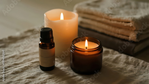 Scented candles and essential oil bottles under warm light, creating a healing and relaxing aromatherapy atmosphere, making it a visual material image suitable for lifestyle and wellness scenarios.