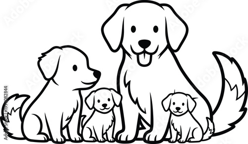 Black and white illustration of golden retriever dog family