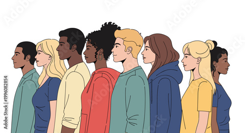 Profile view of a diverse group of men and women from different ethnicities standing together in a line against a white background.