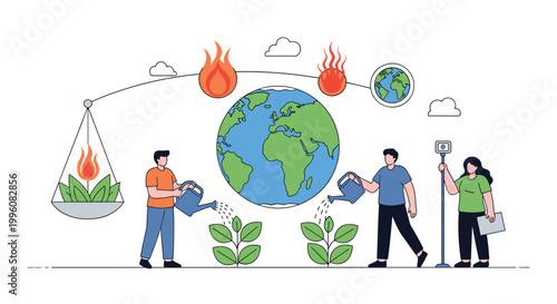 Conceptual illustration of environmental protection showing people watering the earth and plants to counter global warming and fire threats.