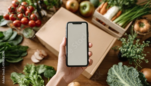 Smartphone in hand surrounded by fresh organic groceries and delivery box.