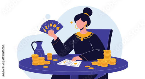 Mystical woman reading tarot cards at a purple table surrounded by stacks of gold coins and esoteric items in a dark setting.