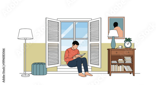 Peaceful scene of a man sitting on a large window sill and reading a book in a beautifully decorated cozy room with bookshelves.