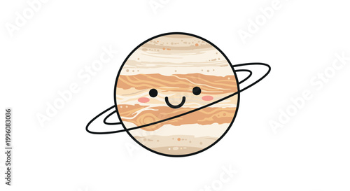 Adorable and friendly cartoon illustration of planet Saturn with its iconic rings and a sweet smiling face for children.
