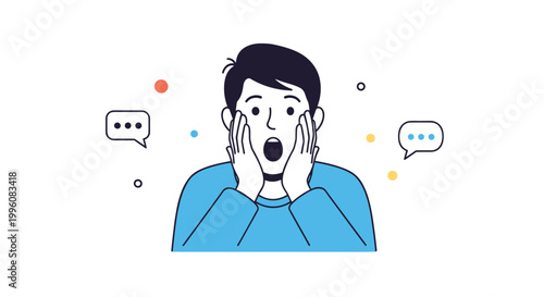 Young man expresses deep surprise or shock with wide eyes and hands on his face while colorful speech bubbles surround his head.