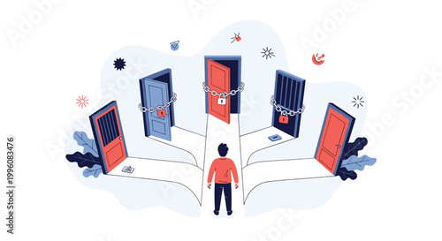 Confused person stands at a crossroads facing multiple locked and chained doors representing difficult life choices and obstacles.