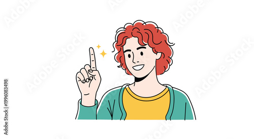 Smiling young woman with red curly hair points her finger upward as she experiences a creative idea or a sudden moment of inspiration.