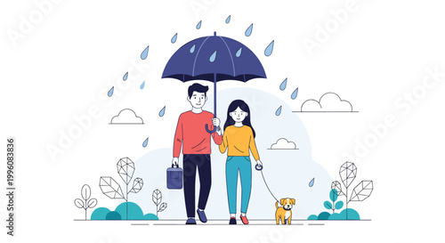 Young couple enjoys a walk with their dog on a rainy day while sharing a large blue umbrella for protection against the elements.