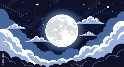 Beautiful pixel art night sky scene features a giant glowing full moon surrounded by dark clouds, stars, and bright shooting stars.