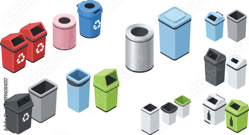 Recycling Bin and Trash Container Icon Set with Colorful Waste Sorting Baskets for Garbage Disposal, Environmental Protection, and Clean City Management Design