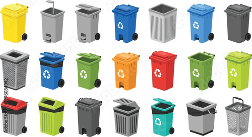 Recycling Bin Collection with Multiple Colors, Sizes, and Designs for Waste Management, Eco-Friendly, and Environmental Icons