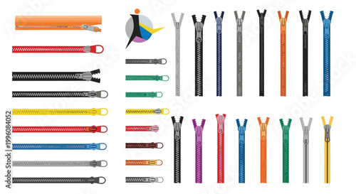 Diverse collection of clothing zippers in numerous colors, lengths, and styles is arranged in an organized grid for fashion design.