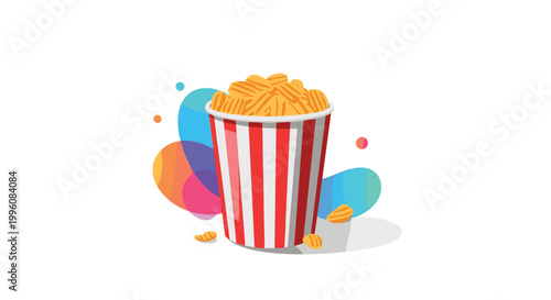 Classic red and white striped popcorn bucket is filled with crunchy snacks and set against a backdrop of colorful abstract shapes.